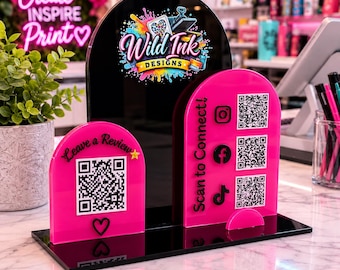 Acrylic QR Stand with Business Card Holder | Custom Logo Display Vendors Booth Sign