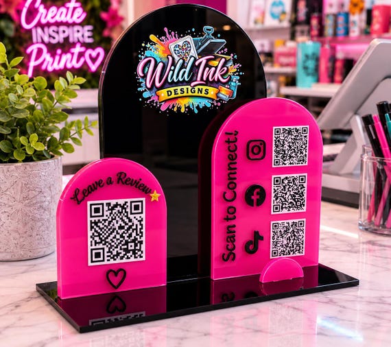 Acrylic QR Stand with Business Card Holder | Custom Logo Display Vendors Booth Sign