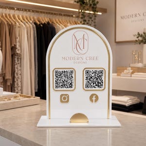 Acryl QR-standaard met visitekaarthouder | Display met logo op maat voor uw stand | Standbord voor verkopers afbeelding 9