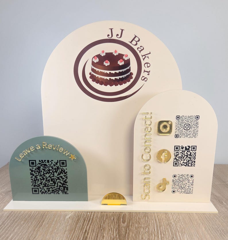Acryl QR-standaard met visitekaarthouder | Display met logo op maat voor uw stand | Standbord voor verkopers afbeelding 12