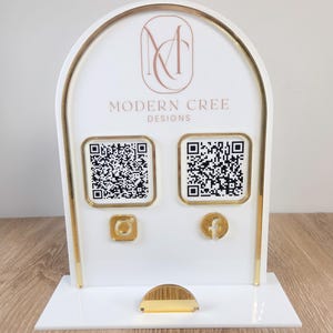 Acryl QR-standaard met visitekaarthouder | Display met logo op maat voor uw stand | Standbord voor verkopers afbeelding 10