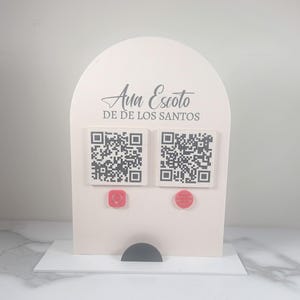 Arch acrylic stand for pop up shop with QR code menu, tap to connect NFC, and branding display