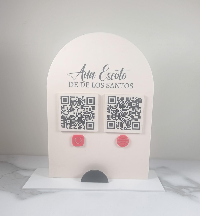 Arch acrylic stand for pop up shop with QR code menu, tap to connect NFC, and branding display