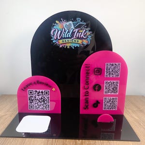 Acryl QR-standaard met visitekaarthouder | Display met logo op maat voor uw stand | Standbord voor verkopers afbeelding 2