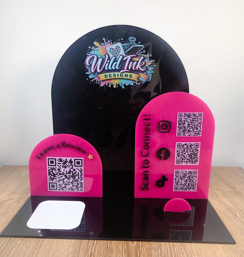 Acryl QR-standaard met visitekaarthouder | Display met logo op maat voor uw stand | Standbord voor verkopers afbeelding 2