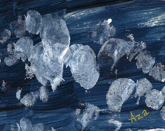 May include: Abstract painting with white paint splatters on a dark blue background. The artist's signature "Aza" is in gold paint in the bottom right corner.
