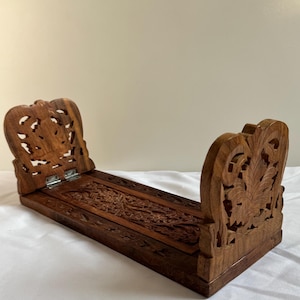Vintage Hand Carved Wooden Book Stand Slide Shelf Foldable