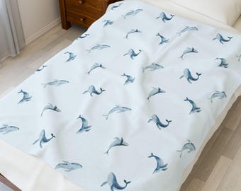 クジラ柄ブランケット：快適なフリースまたはミンクシェルパ、クジラ