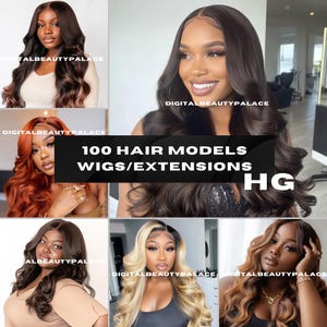 Puede incluir: Un collage de seis imágenes que muestran diferentes estilos de cabello, incluyendo cabello largo, ondulado y liso. Las imágenes presentan mujeres de color con varios colores de cabello, incluyendo marrón, rubio y rojo. El texto "100 HAIR MODELS WIGS/EXTENSIONS HG" se muestra en el centro del collage.