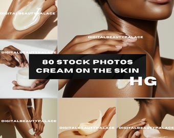 Pode incluir: Uma colagem de imagens mostrando uma pessoa aplicando um creme branco na sua pele. As imagens mostram o creme sendo aplicado no ombro, pescoço, perna e mão. O texto "80 STOCK PHOTOS CREAM ON THE SKIN HG" é exibido no centro da colagem.