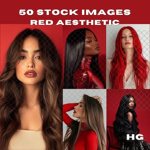 Puede incluir: Un collage de cuatro imágenes con mujeres con diferentes peinados y ropa. El fondo es de color rojo con un patrón de cuadrícula. El texto "50 STOCK IMAGES RED AESTHETIC" está en la parte superior de la imagen. La imagen inferior derecha tiene el texto "HG" en la esquina inferior derecha.