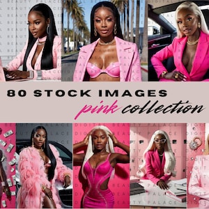 Puede incluir: Una colección de 80 imágenes de archivo con una mujer vestida de rosa. Las imágenes están dispuestas en una cuadrícula con el texto "80 Stock Images pink collection" en la parte superior.