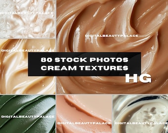 Pode incluir: Close-up de várias texturas de creme em diferentes cores, incluindo branco, bege, marrom claro, rosa e verde. A imagem é rotulada como "80 STOCK PHOTOS CREAM TEXTURES HG".