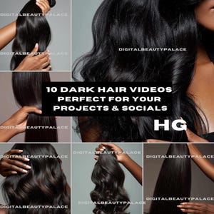 Peut inclure: Un collage présentant différentes mèches de cheveux foncés et coiffures. L'image contient le texte "10 DARK HAIR VIDEOS PERFECT FOR YOUR PROJECTS & SOCIALS" et le filigrane "DIGITALBEAUTYPALACE". Les cheveux semblent lisses, ondulés et raides.