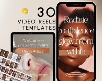 Pode incluir: Uma maquete digital de duas telas de telefone exibindo modelos de rolos de vídeo para um cosmetologista. A primeira tela mostra um close-up do rosto de uma pessoa com o texto "Bem-vindo ao COSMETOLOGIST Olivia Wilson". A segunda tela mostra o rosto de uma pessoa com o texto "Irradie confiança, brilhe de dentro para fora #REALLYGREATSITE".