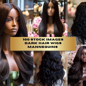 100 Dark Hair Wigs Mannequins Stock Photos, Black Hair Edition, Hair Bundle Stock Images, Frontal, Business, AI, Wigs, Banners for Websites