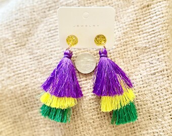 BE LOVE™ Tassel Earrings – Purple Gold Green Fringe Statement Earrings