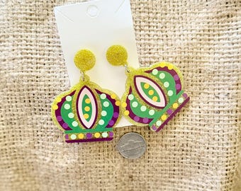 BE LOVE™ Mardi Gras Crown Earrings – Purple Gold Green Glitter Statement Dangle Earrings