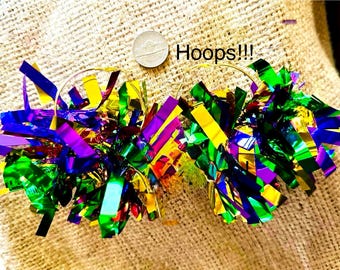 Mardi Gras Tinsel Hoop Earrings – Purple Green Gold Metallic Fringe Hoops | Parade Earrings