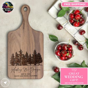 Personalized Cutting Board Nature Engagement Gift, Forest Outdoors Wedding Gift for Couple, Custom Names Dates Cheese Board New Home Gift