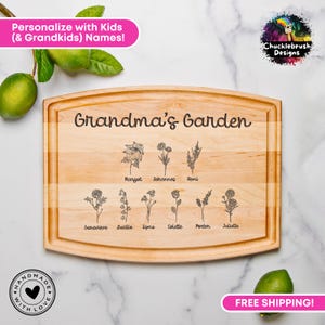 Customized Mother&#39;s Day Cutting Board Birth Flower Gift for Mom Grandma Nana, Gifts From Daughter, Grandmas Garden Gift with Grandkids Names