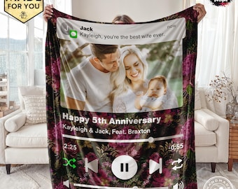 Custom Photo Music Personalized Picture Blanket, Favorite Song Digital Music Streaming Service App, Couples Gift, Custom Blanket Album Cover