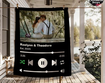 Personalized Photo Blanket, Anniversary Gift Favorite Song Music Player App, Custom Name Picture Blanket Couple Song Engagement Wedding Gift
