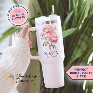 Personalized Boho Birth Flower Bridesmaid Tumbler Gift, Custom Name and Role Bridal Party Cup, Maid of Honor Tumbler Wedding Party Favor