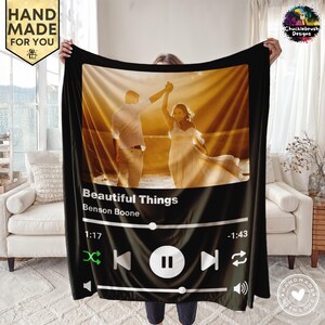 Customizable Digital Music Photo & Name Blanket, Couple Song Minky Blanket Wedding Gift, Personalized Music Lover Boyfriend Girlfriend Gift