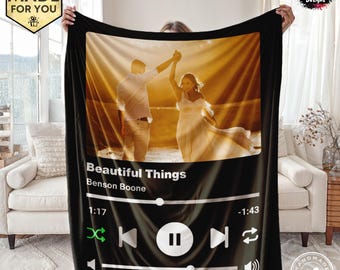 Customizable Digital Music Photo & Name Blanket, Couple Song Minky Blanket Wedding Gift, Personalized Music Lover Boyfriend Girlfriend Gift
