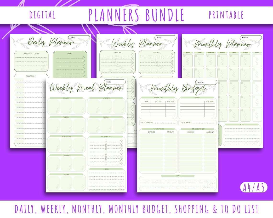 DIGITAL PLANNERS BUNDLE Printable Daily Weekly Monthly Weekly Meal Prep ...