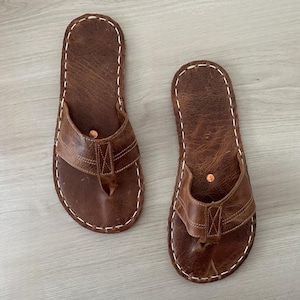 Womens Crazy Brown Flip Flops, Handmade Genuine Leather brown sandals, Flip Flop Sandals