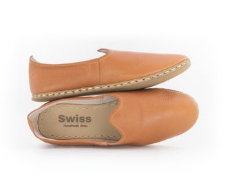 Mens Cocoa Brown Leather Slip Ons |  Loafers |  Handmade Flat Shoes |  Gift For Him