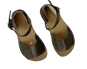 Women's Grounding Sandals | Khaki Green Coloring Grounded Sandals | Wide Sandals | Copper Rivets | Minimalist footwear