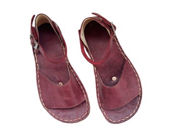 Women&#39;s Grounding Sandals | Burgundy Handmade Leather Womens Traveler Sandals | Copper Rivets | Minimalist footwear