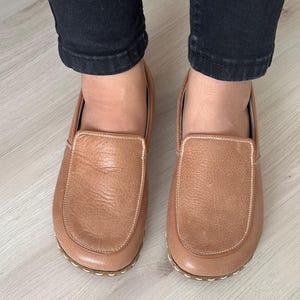 Chaussures de mise à la terre pour femme marron clair, chaussures pieds nus pour femme, chaussures de mise à la terre, semelles en cuir, rivets en cuivre