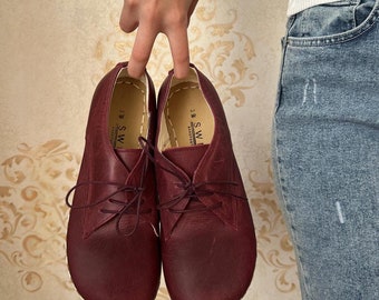 Chaussures pieds nus pour femme, chaussures de mise à la terre, semelles en cuir, bordeaux, cuivrées