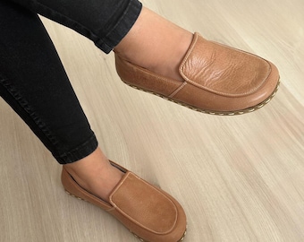 Sapatos de aterramento femininos clássicos marrons, sapatos minimalistas femininos, sapatos de aterramento, sola de couro, rebites de cobre.