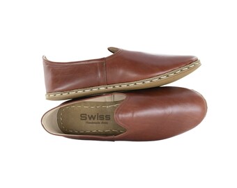 Womens Antique Brown Leather Slip Ons |  Loafers |  Handmade Flat Shoes |  Gift For Her