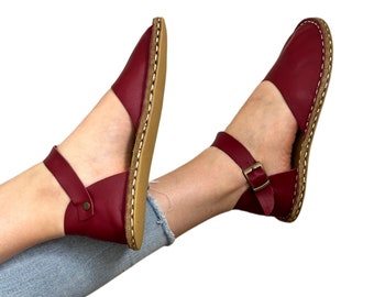 Womens Burgundy Grounding Sandals | Handmade Leather Womens Sandals | Copper Rivets | Minimalist sandals