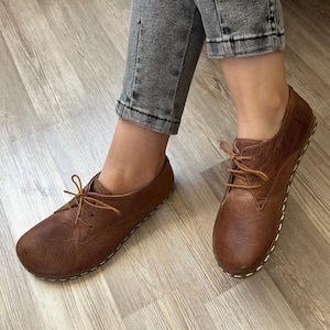 Dames Grounding Schoenen, Leren Zool, Blotevoeten Schoenen Dames, Nieuw Crazy Brown, Grouning Schoenen Koper