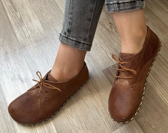 Womens Grounding Shoes,   Leather Sole,  Barefoot  Shoes Women, New Crazy Brown, Grouning Shoes Copper