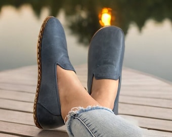 Womens Grounding Oxford Shoes , Barefoot Shoes Women, Grounding Shoes With Copper Rivets, Leather Sole, Sky Blue