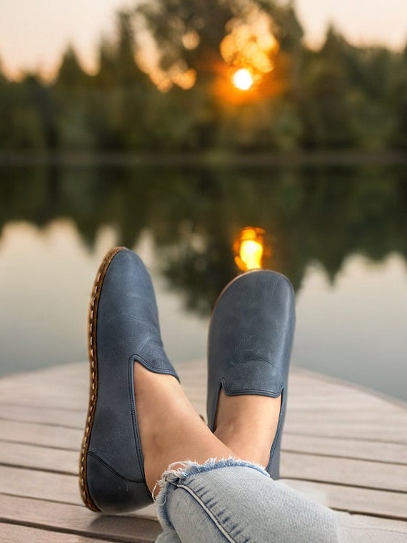 Womens Grounding Oxford Shoes ,  Barefoot Shoes Women, Grounding  Shoes With Copper Rivets,  Leather Sole, Sky Blue
