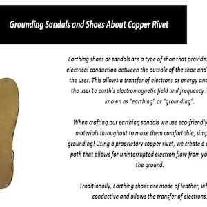 May include: A close-up of a brown leather sandal with a copper rivet. The sandal is designed to provide a path for electrical conduction between the foot and the ground. The text "Grounding Sandals and Shoes About Copper Rivet" is at the top of the image.