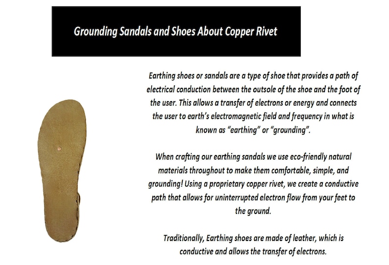 May include: A close-up of a brown leather sandal with a copper rivet. The sandal is designed to provide a path for electrical conduction between the foot and the ground. The text "Grounding Sandals and Shoes About Copper Rivet" is at the top of the image.