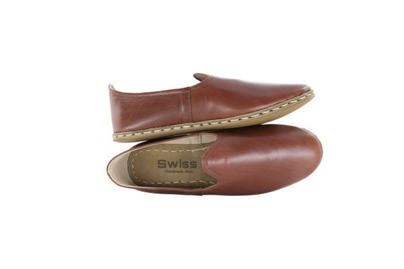 Mens Antique Brown Leather Slip Ons |  Loafers  |  Handmade Flat Shoes |  Gift For  Him