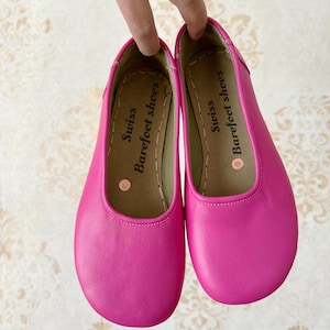 Pink Leather Barefoot Ballerinas, Handmade Zero Drop Slip-Ons, Grounding Minimalist Shoes