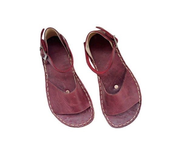 Womens Grounding Sandals | Burgundy Handmade Leather Womens Traveler Sandals | Copper Rivets | Minimalist Footwear