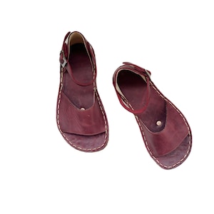 Womens Grounding Sandals | Burgundy Handmade Leather Womens Traveler Sandals | Copper Rivets